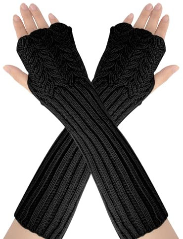 AUYAO Winter Armstulpen Damen Thermo Gestrickte Fingerlos Handschuhe Warm Strick Handstulpen Unisex Lange Armwärmer Stulpen Pulswärmer Winterhandschuhe mit Daumenloch Über Kinder (C: Schwarz,31cm)