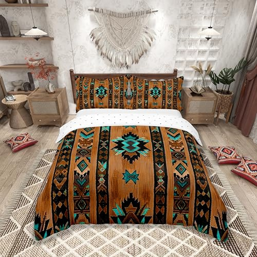 Loussiesd Braun Südwesten 100% Baumwolle Bettwäsche Set 200x200cm Geometrisch Bettwäsche Tribal Exotic Style Native American Indian Design Bettbezug Set Streifen Linie Bettwäsche-Set