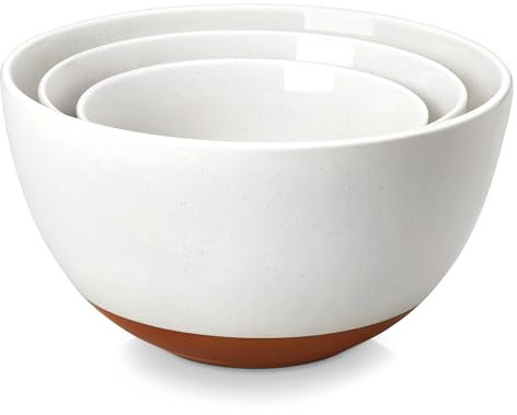 MALACASA Série TARA, 3 Bols Mélangeurs en Grès de 4,2L/ 2,4L/1,3L | Bols de Service à Céréales avec Motif de Sésame | Empilable & Lave-vaisselle | Idéal pour Nouilles, Salades et Soupes, Blanc Vanille