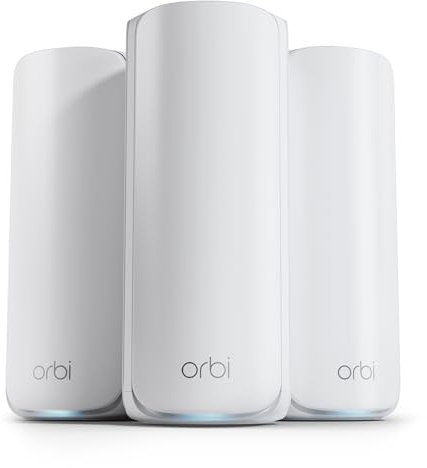 NETGEAR Orbi WiFi 7 870 Serie Quad-Band (RBE873), WiFi Mesh Router + 2 Satelliti, Copertura fino a 600 m2, 150 Dispositivi Porta Internet 10 Gbit, BE21000 802.11be (fino a 21 Gbps), Kit da 3