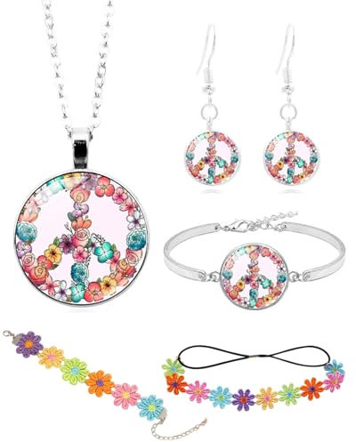 CULEB 5 Stück Hippie Kostüm Set,Hippie Accessoires Damen,60er 70er Jahre Hippie Kostüm Zubehör,Flower Power Accessoires, Peace Zeichen Halskette Ohrringe Armband,Gänseblümchen Kopfschmuck,Armband