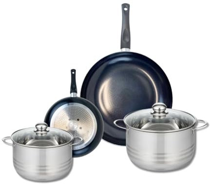 ELO 9729350 Batterie de cuisine 4 pièces, Ensemble de 2 Poêles de cuisson 20 et 32 cm et 2 faitouts 20 et 24 cm Elo Prima Brillant, inox, induction, Noir