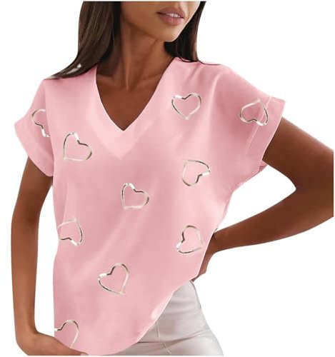 T-shirt d'été en forme de cœur avec col en V et manches courtes pour femme - Doux et confortable - Pour la sensibilisation au cancer du sein - Haut décontracté pour la peau, rose gold, XL