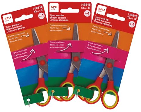 APLI Kids 20596 Schulscheren mit abgerundeter Spitze, ergonomischer zweifarbiger Griff und Klingen aus Edelstahl, für Kinder ab 4 Jahren, 3 Stück