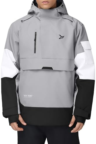 HOTIAN Herren Skijacke Warm Winterjacke Wasserdicht Atmungsaktiv Snowboardjacke Winddicht Funktionsjacke mit Abnehmbarer Kapuze Gray S