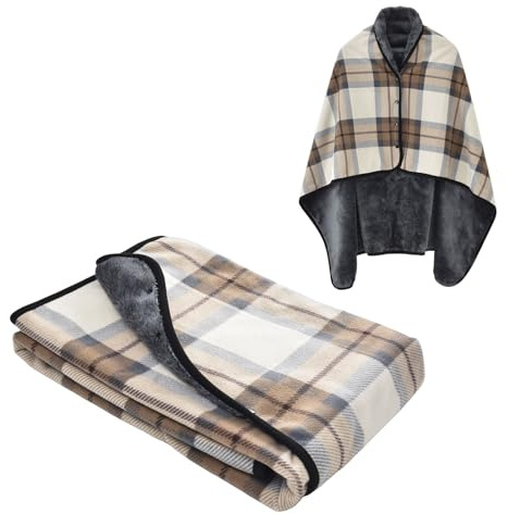 SIVENKE Poncho Femme 3-en-1 Réglable Multiway Surchauffé avec Boutons – Plaid Polaire à Carreaux pour Maison, Bureau, Voyage – Idéal Cadeau Noël