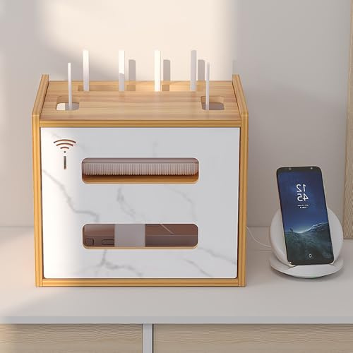 OAKVYNE Wooden Set-top Router Storage Box, Wooden Set-Top Box, Desktop WiFi Router Storage Box Modem Rack, Modem Cable Router Cover Organized Power Strip Cable Management(White)