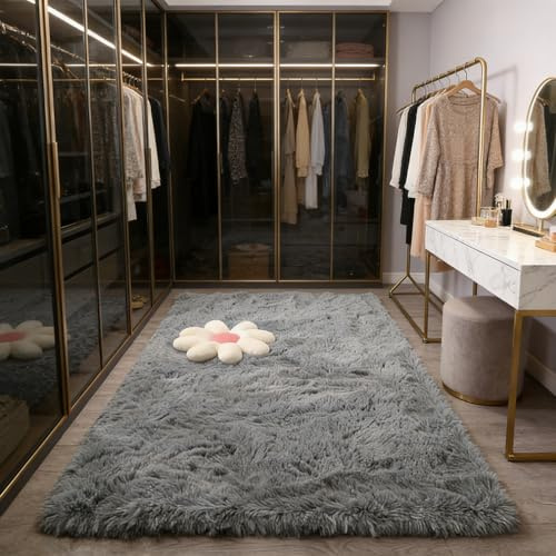 CUIMEI Teppich Waschbar in Waschmaschine 150 x 200 cm, Hohe Flordichte Angenehm Weich, Pflegeleicht Polyester, Hochflor, Anti-Rutsch-Rückseite, Schlafzimmer Wohnzimmer Teppich, Silbergrau