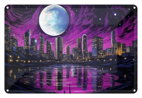 Wallario Blechschild Wandbild aus Metall Mond über der Stadt - 20 x 30 cm in Premium-Qualität: Brillante Farben