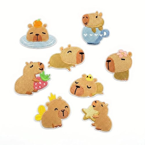 DiiWmme 8 Stück Tier Patches zum Aufbügeln Cartoon Capybara Aufnäher | Tierabzeichen Patches Bügelbilder für Textilien DIY Stickerei Applikationen für Rucksäcke Jacken Jeans Stoffbeutel Mützen