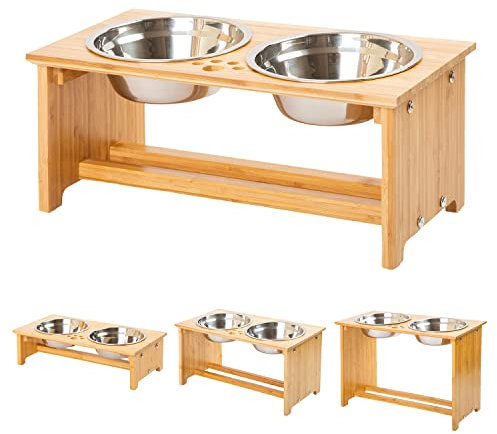 FOREYY Raised Dog Bowls for Cats and Dogs - Bamboo Elevated Dog Cat Food and Water Bowls Stands Feeder Dishes with 2 Stainless Steel Bowls and Anti Slip Feet (Medium - 18 cm high)