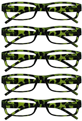 The Reading Glasses Company OPULIZE ACE Lesebrille für Damen und Herren - 5er-Pack - Schmaler Rechteckiger Rahmen - Komfort Federscharniere - Kratzfest - Grün Schildpatt +2.00