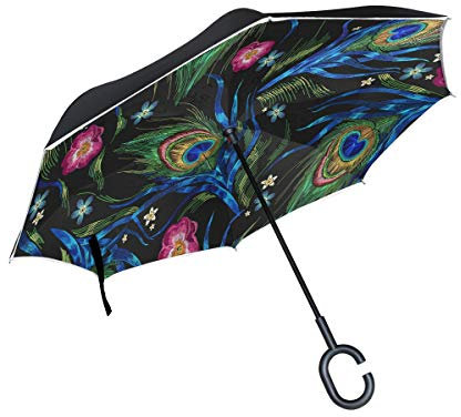 Wamika Regenschirm mit Pfauenfedern, umgekehrt, doppelschichtig, Winddicht, selbststehend, UV-Schutz, Nicht automatisch, groß, gerade, umgedrehter Regenschirm, C-förmiger Griff für Auto Regen