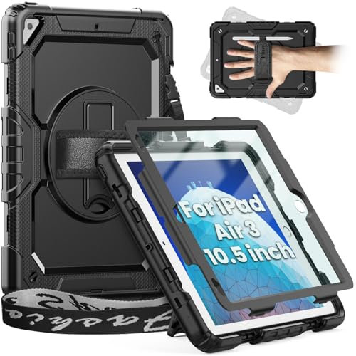 Timecity Case for ipad air 3/ 3rd generation 10.5 inch 2019, for iPad Pro 10.5 2017 with Screen Protector, 360° Rotating Stand, Hand Strap and Shoulder Strap, Pencil Holder for Kid Cover - Black