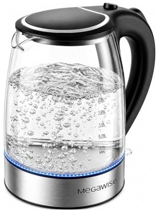 MEGAWISE 1.8L Bollitore elettrico sano, 1000W Bollitore da tè in vetro borosilicato con materiale alimentare, spegnimento automatico e protezione Boil-Dry Bollitore a batteria ebollizione veloce, BPA