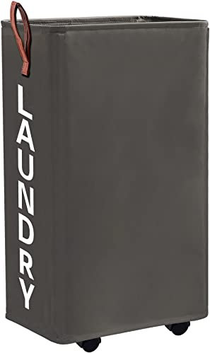 Homlikelan Wäschekorb auf Rädern, 70 l, 25,4 cm breit, zusammenklappbar, schmaler Roll-Wäschekorb, Grau