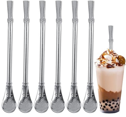 6 -pcs Edelstahl -Trinkstrohhalm mit Filterlöffel, wiederverwendbarer Yerba Mate Tee Kürbisbombilla Becher Stroh Strohhalm mit gefilterten Löffel für Smoothies Tumbler Cocktail Milk Shake (Silber)