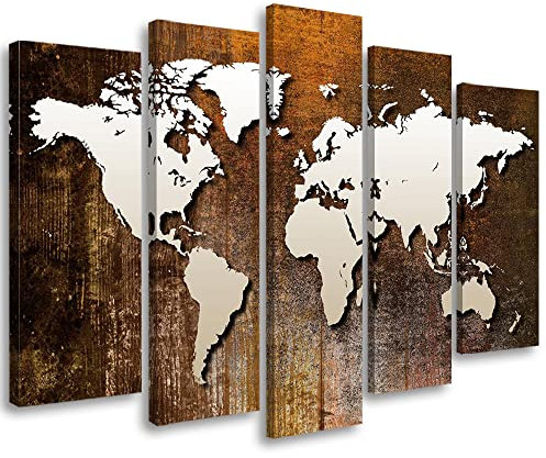 Feeby 5-teilig Vlies Leinwandbild 200x100 cm Kontinente Erdkunde Karte der Welt Wanddeko Design Kunstdruck Zimmerdeko Bilderwand Erde Konturenkarte Abstraktion Braun