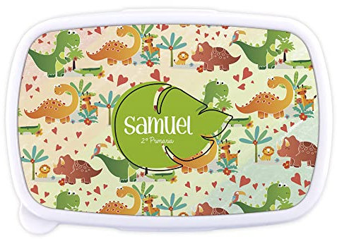 LolaPix Caja Dinosaurio. Fiambrera Infantil Personalizada. Caja merienda con Nombre y Curso. Apta para microondas y Libre de BPA, filatos y Metales Pesados. Varios diseños.Mundo Dino