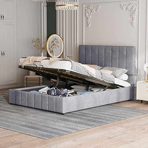 Azkoeesy Polsterbett 140 x 200 cm mit Stauraum betkasten, Doppelbett Jugendbett mit Kopfteil und Lattenrost, Samt-Bezug, Grau