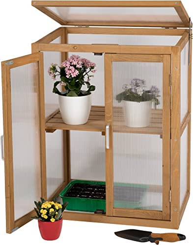 needs&wants® Mini Serre en Bois Exterieur - Serre de Jardin semis Résistante au Froid pour Balcon, Jardin, Intérieur, Abri Surélevé pour Plantes, 56x43x76 cm, Polycarbonate, Brun Foncé