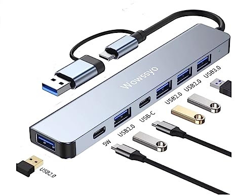 Wowssyo Hub USB C Multiport Adapter 7 in 1 Typ C Hub Adapter USB C zu USB Ultra Slim Ports USB 3.0/2.0, USB-C DC Ports, Für Handy Smartphone Ipad MacBook Laptop PC Windows Und Andere Geräte