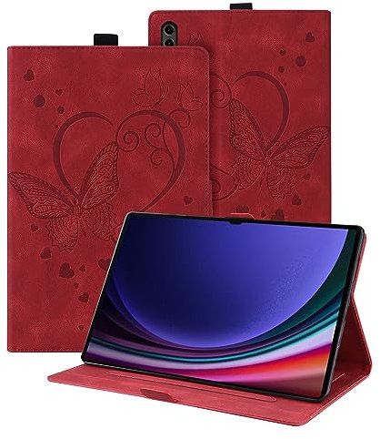 Auslbin Funda Samsung Galaxy AB S9 Ultra Tablet Tab S8 Ultra Funda, PU Mariposa Relieve Cuero con Función de Soporte, para Samsung Tab SM-X910B X900 Funda, Rojo