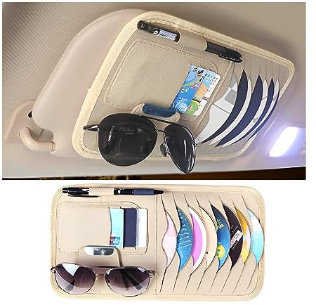 JNNJ Tasche Sun Visor Organizer Leder, Auto-Visier CD-Hülle, Auto Zubehör Aufbewahrungstasche für CD Karten Sonnenbrillen, Multifunktionales Visier-Zubehör(Beige)