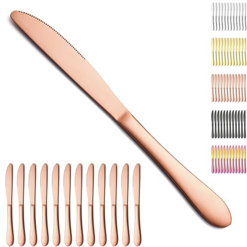 Berglander cuchillos de mesa de oro rosa 12pcs, cuchillos de mantequilla de acero inoxidable chapados en oro rosa de titanio Cuchillo de cena para el hogar, restaurante, hotel, apto para lavavajillas