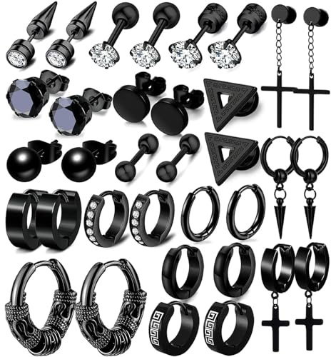 17 Pairs Earrings for Men, Stainless Steel Earrings For Men Sensitive Skin, Black Fashion Earring Piercing Jewelry Cross Dangle Hoop Earrings Kit Studs Long-lasting Shine