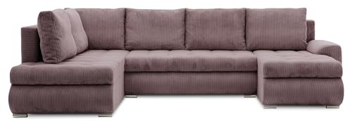 Mebligo - Ecksofa mit Schlaffunktion und Bettkasten Tokio II PRO, 300 cm Breit, Wohnzimmer Eckcouch Ottomane Links, Sofa Cord mit Bettfunktion - Sofa Rosa (Poso 027)