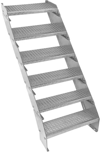 Verzinkter Stahl Treppe 6 Stufen | Erweiterbar mit zusätzlicher Gitterrost-Stufen & Höhenverstellbar | Wetterfest, Robust & Modular | für Außen Garten Terrasse | GRATIS Befestigungssatz [60cm breit]