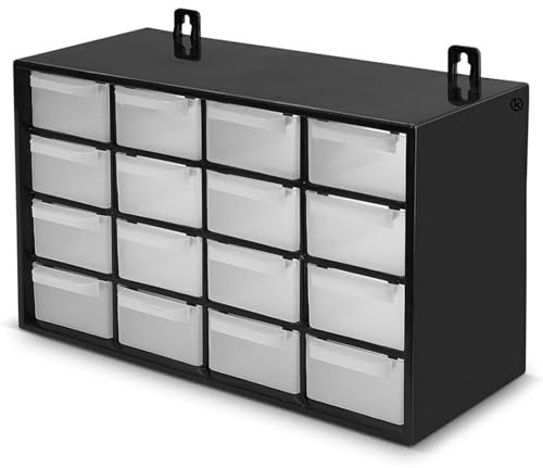 KROWN - Clasificador Modular de Pared Apilable, 27 x 17 x 12,5 cm, 16 Cajones, Almacenamiento de Pequeñas Herramientas, Tornillos, Marco de Polipropileno, Cajones Transparentes (Negro)