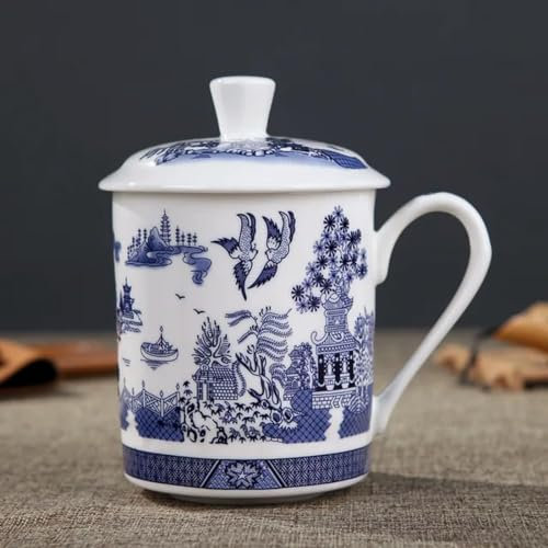 QQLADY Tasse à thé en Porcelaine Bleue et Blanche avec Couvercle, Tasse en céramique pour la Maison, Tasse personnelle pour Le Bureau