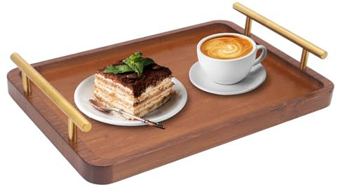 Seahelms Bamboo Tray with Metal Handles 30x20cm Small Wooden Tray Rustic Vintage Wooden Serving Trays for Breakfast,Coffee Tables,Living Room