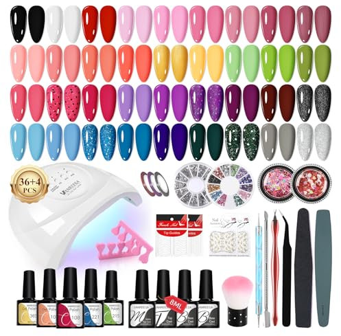 VANREESA Gel Nail Polish Set, 36 Colours Gel Nail Kit with Lamp Classic White Black Blue Pink Suitable for All Seasons Gels Polish Set with Base Top Coat and Manicure Tools Gifts for Women