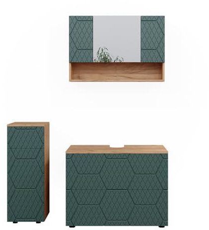 Vicco Conjunto de Muebles de baño Irma, Roble Dorado/Verde, 3 Piezas, con cajonera y Mueble Midi