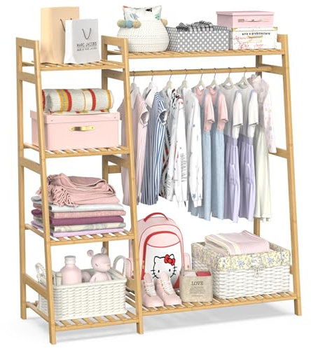 BAMBOOHOMIE Kids Clothing Rack with Shelves, Bamboo Clothes Garment Rack for Kids Child Baby, Kids Dress Up Storage Rack with Top Shelf, Toddlers Wardrobe Closet for Nursery (Medium Size)