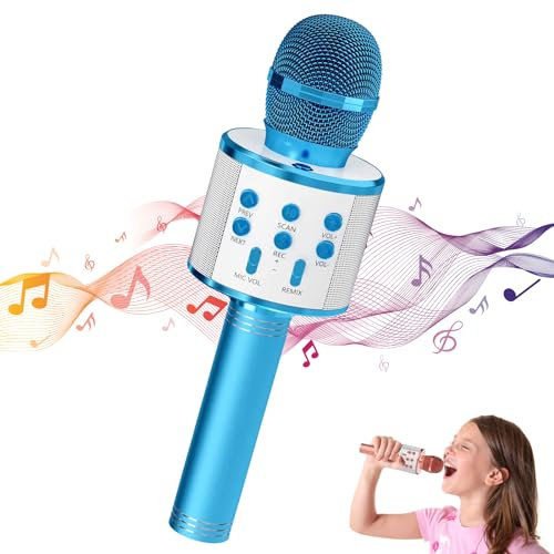 Oskuglin Microfono Karaoke per bambini, microfono senza fili, Karaoke, Bluetooth, per bambini, adulti, compatibile con Android/iOS/Pc/Smartphone (Blu)