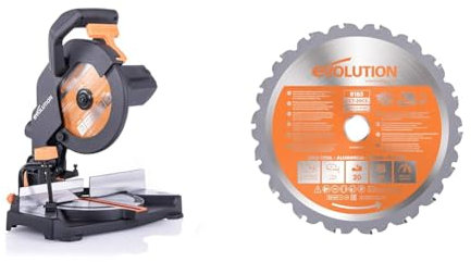 Evolution Power Tools - Scie à Onglet Mixte Multi-Matériaux R210CMS, 210 mm (230 V) & Power Tools La lame TCT multi-matériaux R185TCT-20CS (Rage) coupe le bois, le métal et le plastique, 185 mm