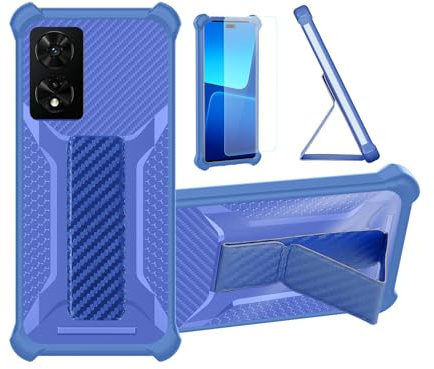 bojioderf Custodia per TCL 505 Cover Custodia Case Ibrida [con Protezione dello Schermo in Vetro temperato] [Supporto Magnetico Pieghevole] [Resistente alle Impronte digitali Smerigliato] Blu