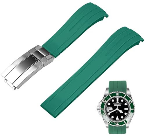 Juntan 22mm Curved End Rubber Watch Strap, Tapered Silicone Curved Replacement Watch Band Green for Men Women with Classic Diving Buckle