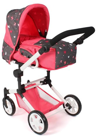 Bayer Chic 2000® 3in1 Kombi Puppenwagen Jara – Butterfly Koralle – faltbar, höhenverstellbarer Griff 47-78 cm – Tragetasche – Puppen bis 52 cm, 4-8 J.