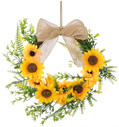 MUCKLILY Summer Sunflower Wreath, 12 Inch Front Door Decoration | Artificial Half Round Wreath with Rustic Twig for Outdoor Wall, Porch, Garden Gate & Home Décor