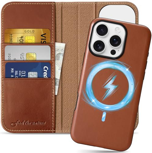 SHIELDON Hülle für iPhone 16 Pro, 2 IN 1 Case [Echtleder] [Abnehmbar] [kabelloses Aufladen] [RFID Blocker] [Kartenfach] [Magneticsch] Ledertasche Kompatibel mit iPhone 16 Pro 6,3 - Retro Braun