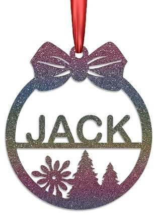 KreateSquare Personalised Christmas Bauble, 950 GSM (1.7 mm) Double-Sided Glitter Xmas Tree Decoration, Custom Name Baubles, Red Christmas Decorations Ornaments (Pastel Rainbow, Bow & Snowflakes)