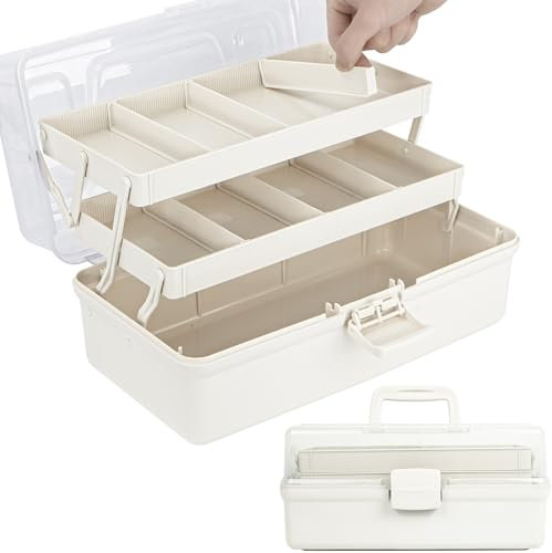 Creahaus 12.5in 3 Layer Multipurpose Storage Box/Craft Storage Boxes With Compartments/Plastic Tool Box/Medicine Storage Box/Hair Accessories Organiser/Sewing Box with 2 Trays