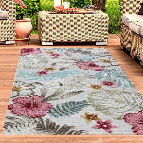 CARPETIA Wetterfester Wohnzimmerteppich mit Natur und für Balkon Garten Camping pflegeleicht Kurzflor Wohnzimmer Esszimmer Creme bunt 120 x 170 cm
