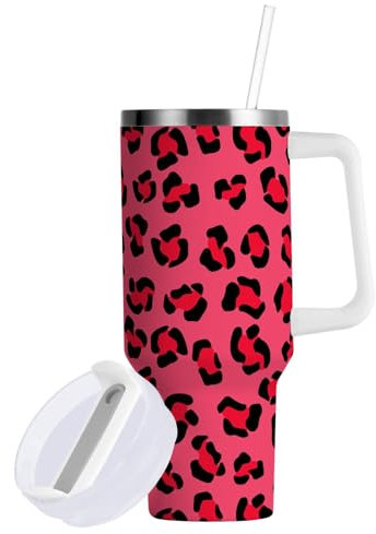 Mnsruu Vaso de 880 ml con popote y tapa, diseño de tigre rosa, camuflaje, pantera, puntos carmesí, jaguar, taza de viaje de acero inoxidable, doble pared, aislada al vacío, botella de agua para
