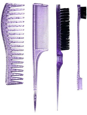 Daletu Juego de 4 peines, peine de cola puntiaguda, peine de dientes anchos, peine de doble filo, peine de cerdas, adecuado para salón, estilo de cabello, bricolaje, morado